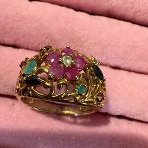 925 Gold Floral Ring with Ruby emerald and sapphire